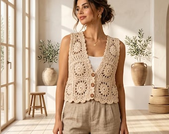 Puede incluir: Un chaleco de ganchillo beige con un patrón de cuadrados florales repetitivos, un escote en V profundo y tres botones marrones en la parte delantera. La prenda sin mangas se lleva sobre una camiseta blanca y se combina con pantalones marrones claros.