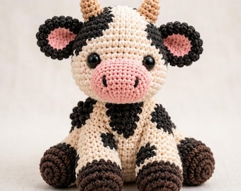 Puede incluir: Un peluche de vaca tejido a ganchillo con cuerpo color crema, manchas negras, pezuñas marrón oscuro y pequeños cuernos beige. La vaca tiene un hocico rosa, ojos negros y orejas redondas con centros rosas, todo elaborado con punto texturizado.