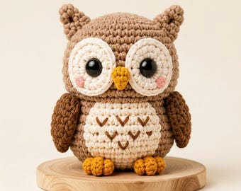 May include: A crocheted owl figurine featuring a light brown body, cream-colored facial discs, and a cream belly with brown V-shaped embroidery. The owl has large black plastic eyes, a small yellow beak, and pink stitched cheeks, standing on two orange feet.