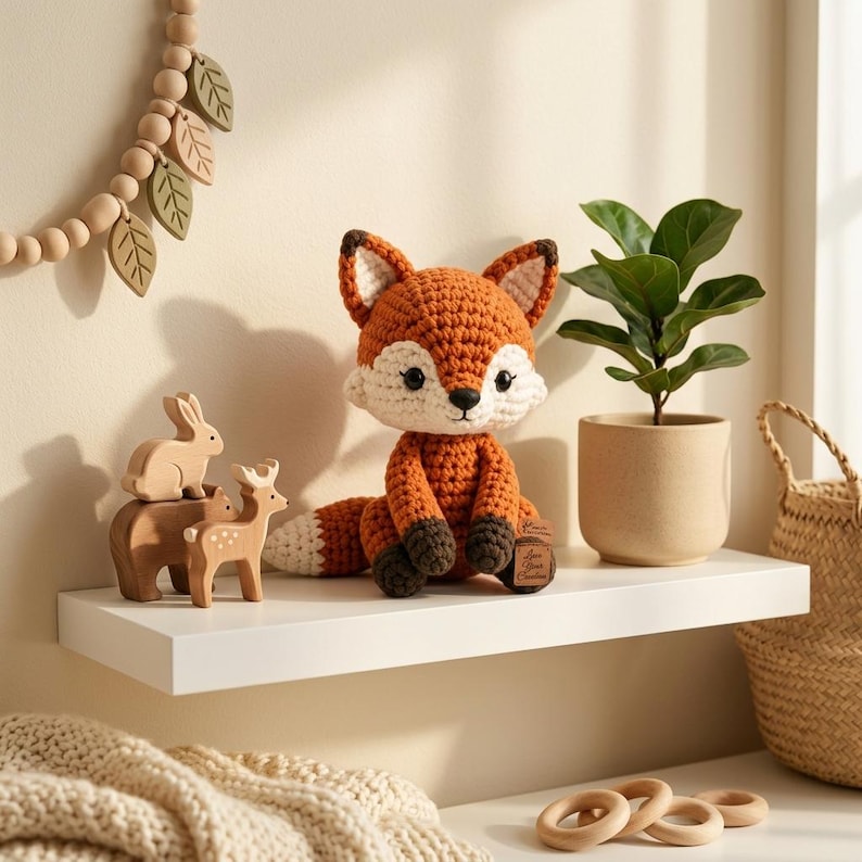 May include: A crocheted fox plush toy with orange, white, and dark brown yarn, featuring black safety eyes and a small brown tag. It sits on a white shelf next to three small wooden animal figurines and a green plant in a beige ceramic pot.