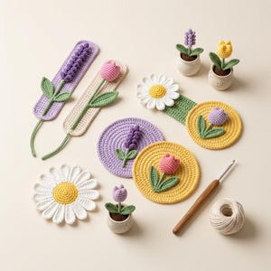 May include: A collection of crocheted items including two rectangular bookmarks with lavender and tulip motifs, three circular coasters with floral designs, three small potted flower figures, a wooden crochet hook, and a ball of white yarn.