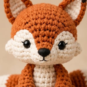 May include: A handcrafted crochet fox plush toy featuring a vibrant orange and cream yarn construction. The fox has large, glossy black safety eyes with stitched eyelashes, a small black plastic nose, and pointed ears with cream-colored centers.