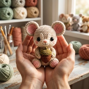 Könnte beinhalten: Ein kleines, beiges gehäkeltes Maus-Spielzeug mit großen runden Ohren mit rosa Zentren, schwarzen Knopfaugen und rosa gestickten Wangen. Die Maus hält eine braun-grüne gehäkelte Eichel in ihren Pfoten, mit hellrosa Akzenten an den Füßen.
