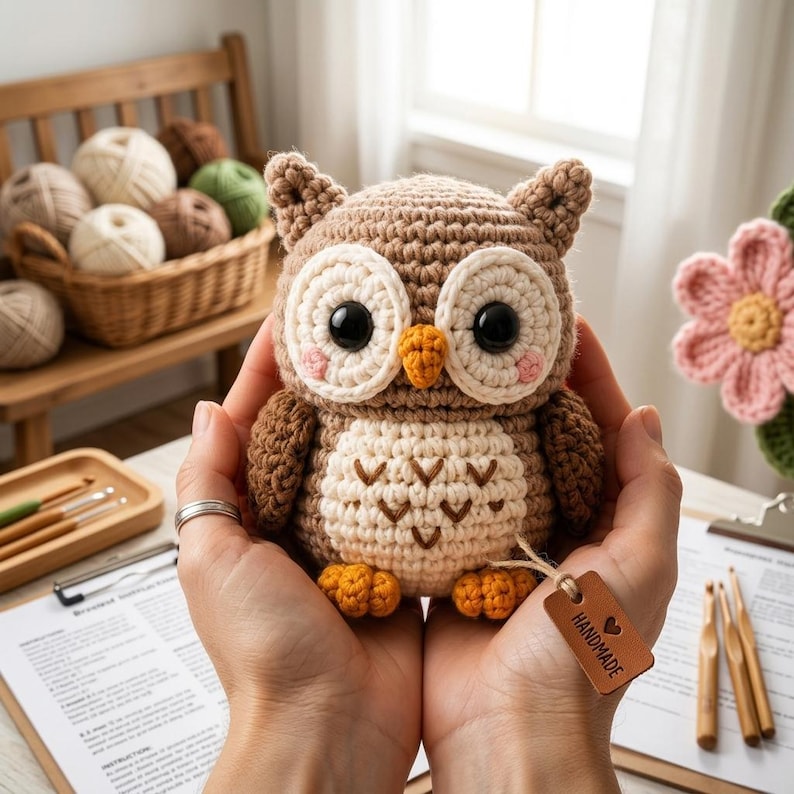 May include: A small, round, crocheted owl toy featuring a light brown body, cream-colored belly with brown V-shaped embroidery, large black eyes, and a small orange beak. It has two small tufted ears and a brown leather tag labeled HANDMADE.