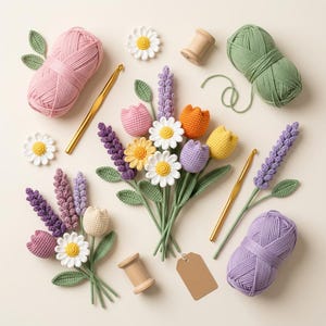 May include: A collection of crocheted flowers including daisies, tulips, and lavender sprigs, accompanied by three skeins of yarn in pink, green, and purple, two gold crochet hooks, two wooden spools, and a blank brown paper tag for crafting.