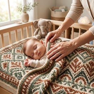 Puede incluir: Una manta de bebé tejida a ganchillo con un patrón geométrico en tonos verde salvia, crema y terracota. La manta tiene una textura de puntos gruesos y cubre a un bebé dormido, con un pequeño juguete de elefante de peluche cerca.
