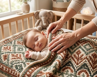 Puede incluir: Una manta de bebé tejida a ganchillo con un patrón geométrico en tonos verde salvia, crema y terracota. La manta tiene una textura de puntos gruesos y cubre a un bebé dormido, con un pequeño juguete de elefante de peluche cerca.