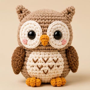 May include: A crocheted owl figurine featuring a light brown body, a cream-colored belly with dark brown V-shaped embroidery, large white circular eye patches, black plastic eyes, a small orange beak, and two orange feet with pink blush.