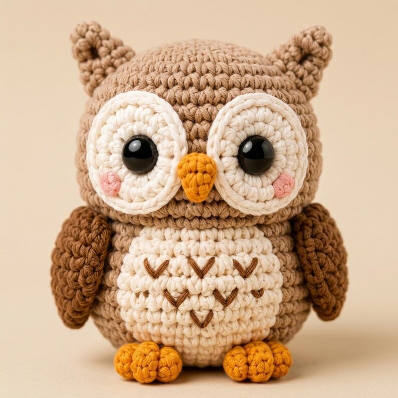 May include: A crocheted owl figurine featuring a light brown body, a cream-colored belly with dark brown V-shaped embroidery, large white circular eye patches, black plastic eyes, a small orange beak, and two orange feet with pink blush.
