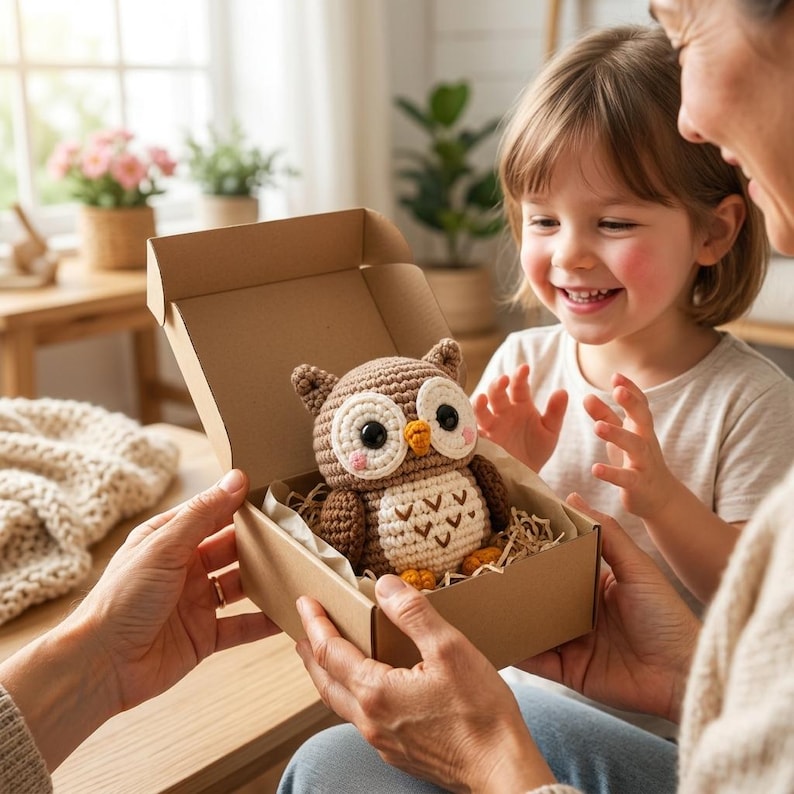 May include: A brown and cream crocheted owl toy with large black eyes, a small orange beak, and pink cheeks, nestled inside a brown cardboard gift box filled with shredded paper filler, presented as a gift for a young child to enjoy.