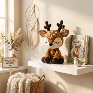 May include: A brown and cream crocheted deer plush toy with dark brown antlers, closed eyes, and pink cheeks. The deer has a small tag attached to one antler and is positioned on a white shelf next to a book titled Woodland with a fox illustration.
