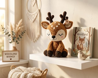 May include: A brown and cream crocheted deer plush toy with dark brown antlers, closed eyes, and pink cheeks. The deer has a small tag attached to one antler and is positioned on a white shelf next to a book titled Woodland with a fox illustration.