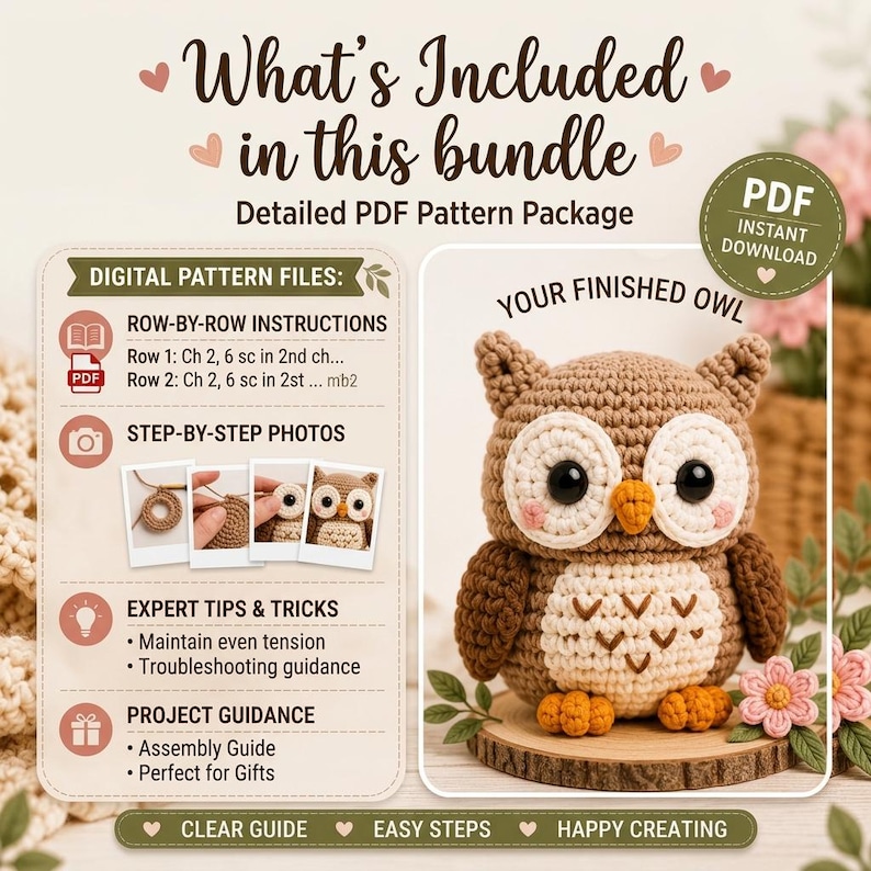 May include: A digital PDF crochet pattern bundle for an owl, featuring row-by-row instructions, step-by-step photos, and expert tips. The image displays a finished brown and cream crocheted owl with large black eyes and orange feet.