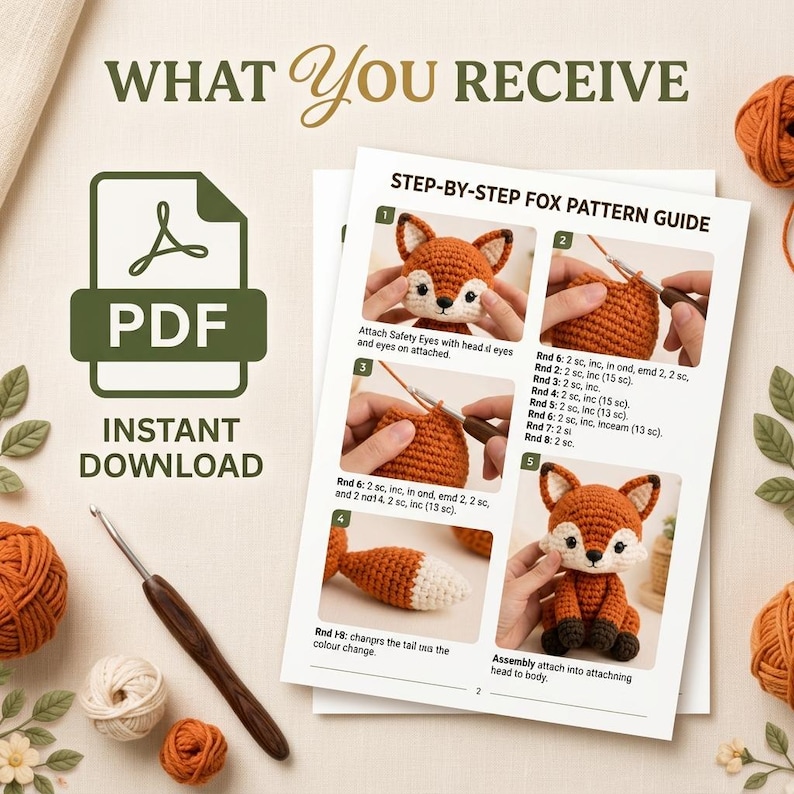 May include: A digital PDF pattern guide for a crocheted fox, featuring step-by-step instructions with photographs of the process, including the head, tail, and assembly. The document is titled STEP-BY-STEP FOX PATTERN GUIDE and includes text.