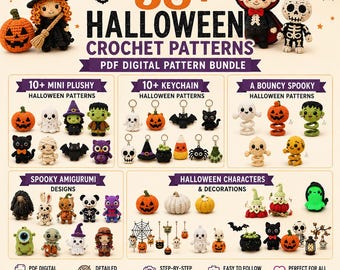 Puede incluir: Un paquete digital de PDF con más de 38 patrones de ganchillo para Halloween, incluyendo peluches amigurumi, llaveros y personajes espeluznantes. La imagen muestra varias figuras tejidas como calabazas, fantasmas, brujas y esqueletos.