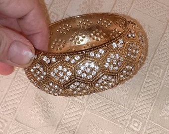 rhinestone goldtone hinged cuff bangle bracelet