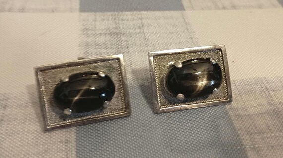 black cabochon silver rectangular cuff links - image 7
