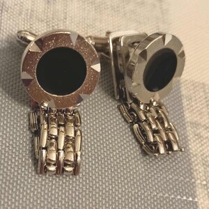 Boutons De Manchette Vintage - Finition Argentée, Pierre Noire, Style Rétro Mesh !