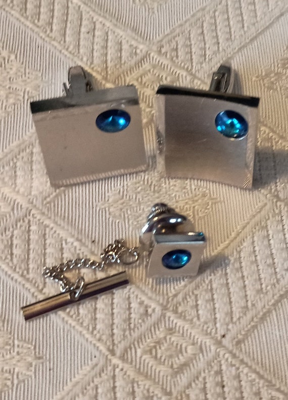 sarah cov silver and blue stone cuff link and tie… - image 6