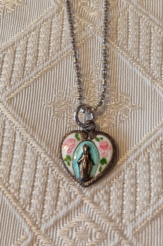 Vintage enamel heart with  mary necklace