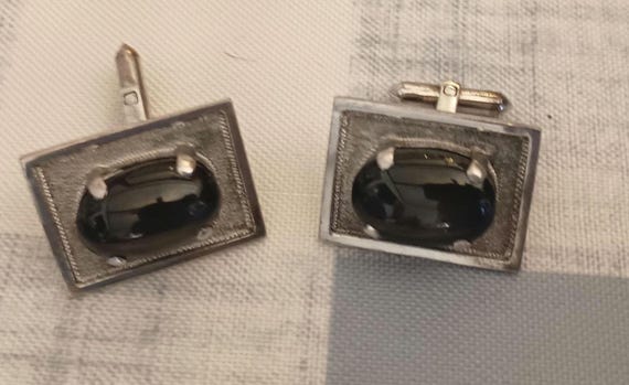 black cabochon silver rectangular cuff links - image 2