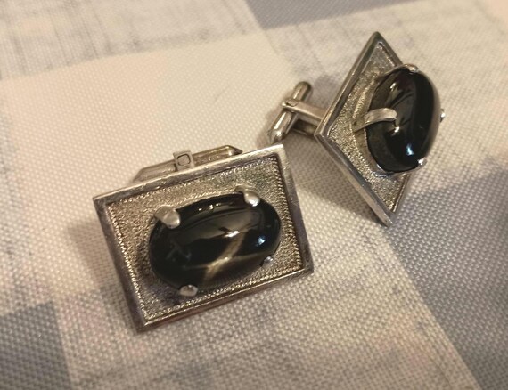 black cabochon silver rectangular cuff links - image 4