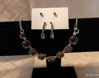 Smokey quartz silver tone necklace earring set