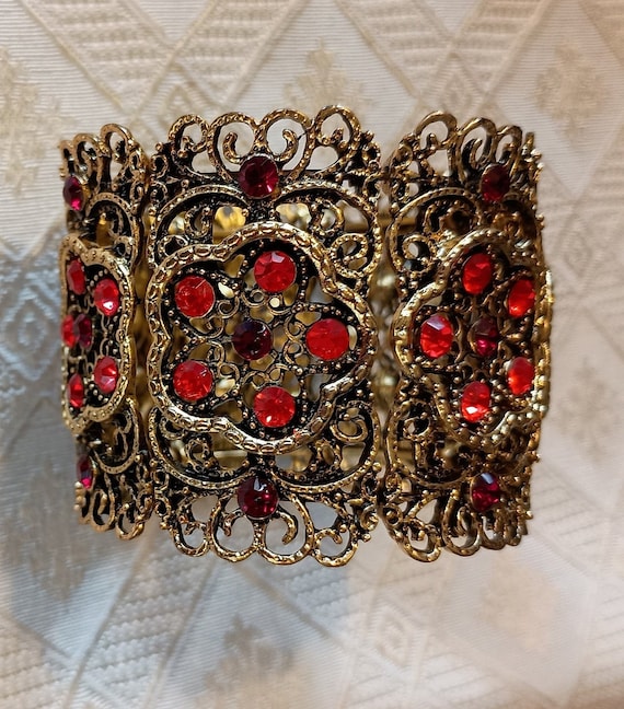 victorian style red beaded lace cuff bracelet - image 1