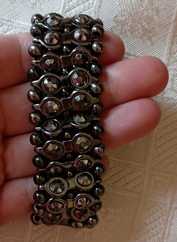Black rhinestone metal stretch bracelet - image 2
