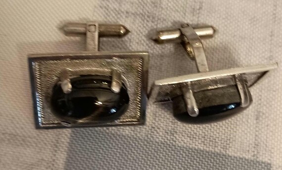 black cabochon silver rectangular cuff links - image 9
