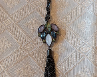 Black metal peacock color rhinestone tassel necklace