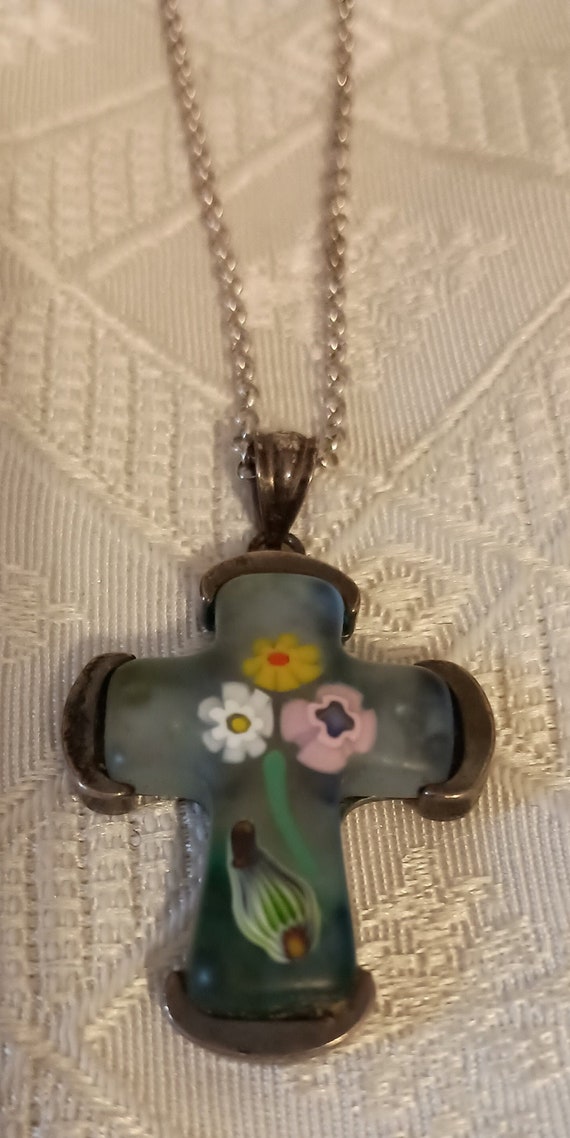 Millefiori Murano floral 925 cross pendant necklac