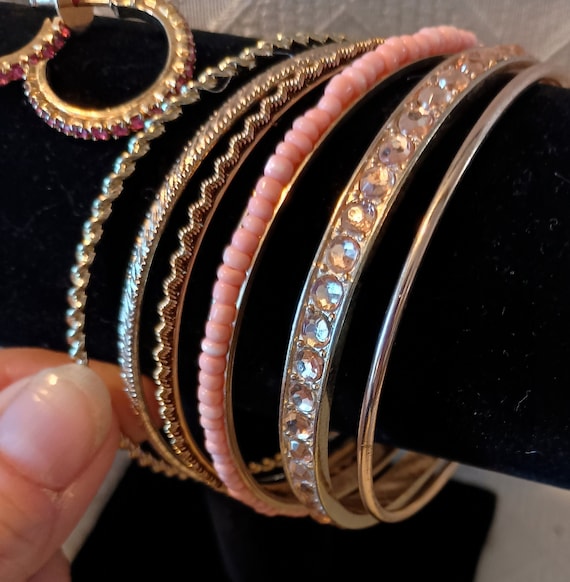 Rose gold tone bangle set with pink earrings