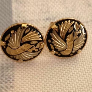 etched bird damascene earrings