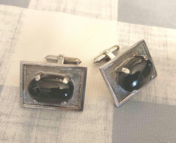 black cabochon silver rectangular cuff links - image 1