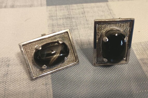 black cabochon silver rectangular cuff links - image 8