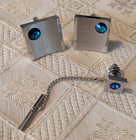 sarah cov silver and blue stone cuff link and tie… - image 8