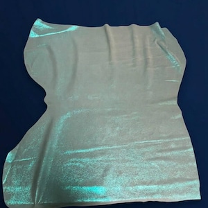 Könnte beinhalten: Ein rechteckiges Stück Stoff mit schimmernder, irisierender Oberfläche, die zwischen hellen Silber- und kühlen Mintgrüntönen wechselt. Das Material hat einen sanften metallischen Glanz und eine glatte Textur mit sanften Falten und natürlichem Fall.