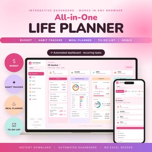 Puede incluir: Un panel interactivo todo en uno para la planificación de la vida, mostrado en la pantalla de un portátil y un teléfono inteligente. La interfaz incluye secciones para presupuesto, seguimiento de hábitos, comidas, tareas y objetivos.
