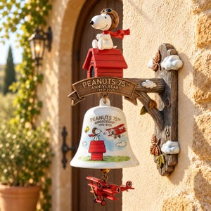 May include: A decorative wall-mounted bell featuring Snoopy in aviator gear sitting on a red doghouse. A banner reads PEANUTS 75TH ANNIVERSARY 1950-2025. The white bell displays a red biplane graphic and the same anniversary text. A red biplane hangs below.