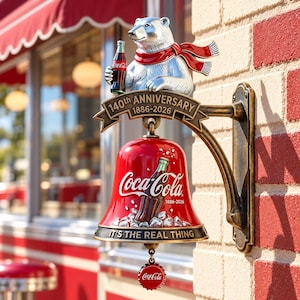 May include: A wall-mounted Coca-Cola bell featuring a silver polar bear wearing a red scarf and holding a glass bottle. The bell is red with a Coca-Cola logo, the text 140th ANNIVERSARY 1886-2026, and IT'S THE REAL THING. A bottle cap hangs below.