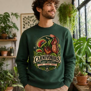 食虫植物協会スウェットシャツ、ハエトリソウ、ウツボカズラ、モウセンゴケのクルーネック（植物画）