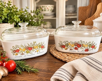 Vintage CorningWare Spice of Life Casserole Set – 3 Qt & 5 Liter – Glass Lids – Farmhouse Kitchen