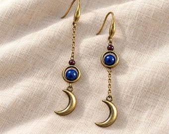 Celestial Moon Earrings, Vintage Brass Crescent Dangle Jewelry, Blue Gemstone Boho Earrings
