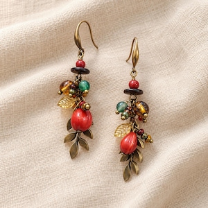 Hand Beaded Natural Ruby Dangle Earrings, Vintage Czech Glass Seed Bead Jewelry