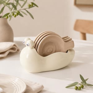 Può includere: Un supporto in ceramica color crema a forma di lumaca contenente quattro sottobicchieri rotondi in ceramica marrone chiaro. La lumaca presenta due steli sporgenti con occhi mobili e i sottobicchieri sono impilati verticalmente nel guscio.
