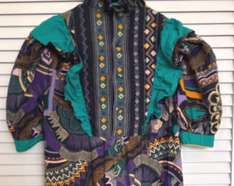 Vintage 70s Boho Dress: Tribal Geometric Pattern, Ruffle Flounce Cut