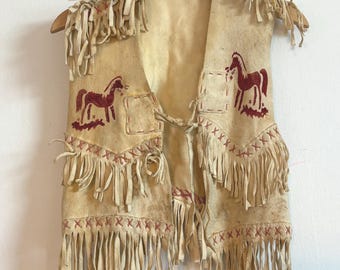 RARE Antique Western Children's Native American Tribal Goatskin Leather Handmade Vest Hand Painted & Tassels