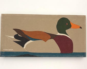 Vintage Marushka Canvas Duck Mallard 70's 60's Framed Art Piece