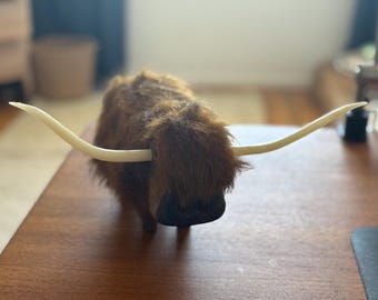 Mid Century Wood Bull Figurine: Yak Buffalo Fur Sculpture, Danish Decor